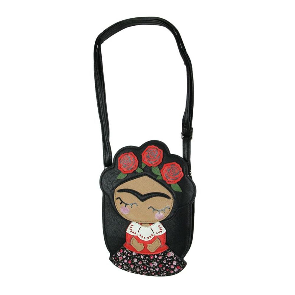 Adorable Black Vinyl Mexican Girl With Flower Crown Crossbody Bag